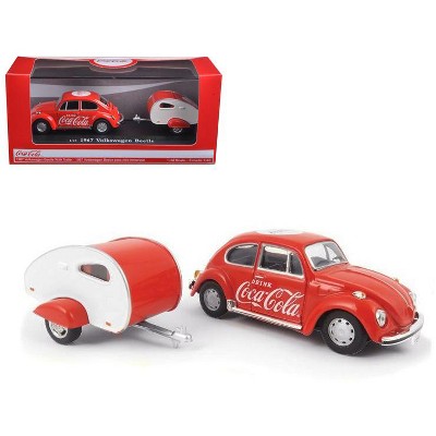 1967 Volkswagen Beetle Red with Teardrop Travel Trailer Red and White "Coca-Cola" 1/43 Diecast Model Car by Motorcity Classics