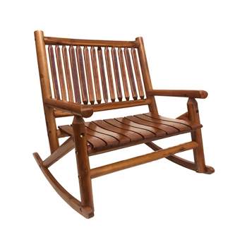 Leigh Country Double Porch Rocking Chair with Curved Seat Slats, Wide Seat, and Stained Finish for Lawn, Garden, and Patio Spaces, Honey