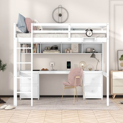 YOOCOZZ Full Size Loft Bed with Built-In Desk, Charging Station, 4 Drawers, 4 Cabinets and Bedside Tray