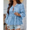 Women's Loose Front Tie Open Blouse Lace Trim Bell Long Sleeves Pelpum Shirt Top - 2 of 4