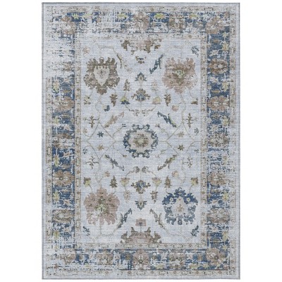 Blue And Gray Floral Washable Indoor Outdoor Area Rug