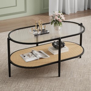 Garvee 2-Tier Rattan Coffee Table, Boho Oval Coffe Table with Tempered Glass Top, Farmhouse Water-Wave Glass Metal Tea Center Tables - 1 of 4