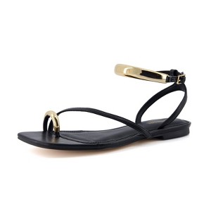 CUSHIONAIRE Secret Flat Sandals for Women with Gold Ankle Cuff and Toe Ring Strap, Vegan Leather Dress Sandals - 1 of 4