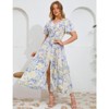 Coolmee Women Boho Floral Casual Smocked Ruffled Short Sleeve Dress Elegant V-Neck Split Maxi Dress - 2 of 4