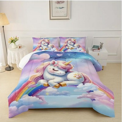 Boersma Unicorn Bedding Set, Pink Unicorn Rainbow Comforter Set, Bedroom Decor With 2 Pillowcases For All Season