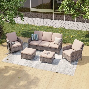 Sonkuki 5 Pieces Patio Sofa with Ottomans Set, All-Weather PE Rattan Wicker, Patio Conversation Couch with Cushion - 1 of 4