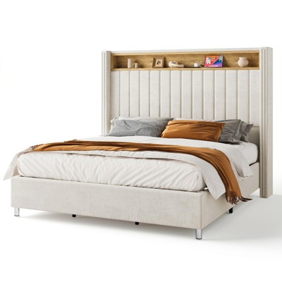 Bed Frame with LED Lights and Charging Station, 53" Tall Storage Headboard