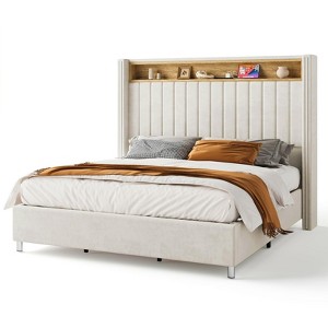 Bed Frame with LED Lights and Charging Station, 53" Tall Storage Headboard - 1 of 4