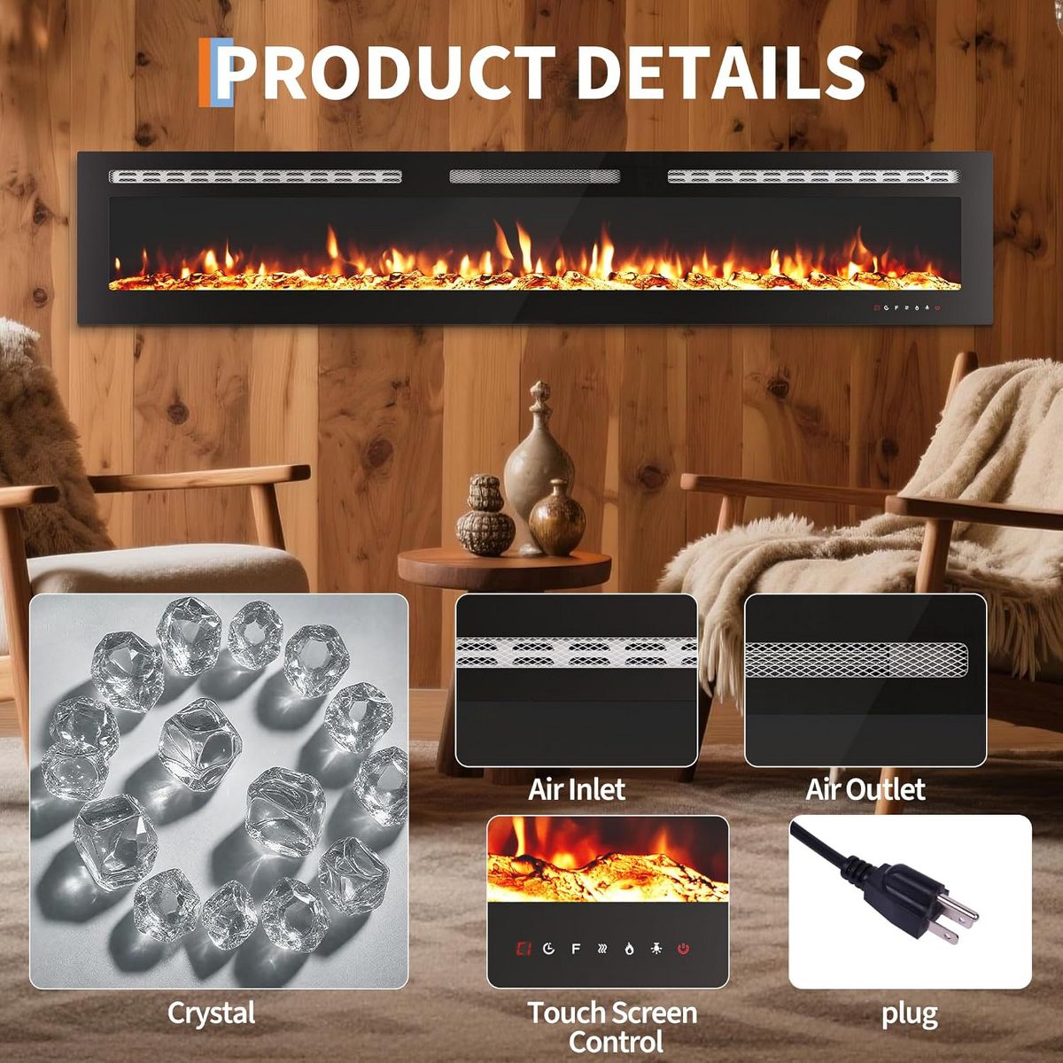 Garvee 60" Wall Mounted Electric Fireplace, WiFi & Alexa Control, 12-Color Flames, 750/1500W Heater, Recessed or Surface Install - thumbnail 8