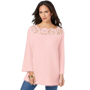 Roaman's Women's Plus Size Eyelash Lace Neck Sweater - 1 of 4