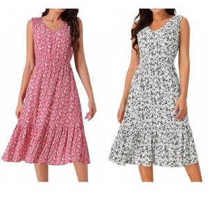 INSPIRE CHIC Women's Summer Boho Beach V Neck Sleeveless Floral Flowy Tiered Midi Dress with Pockets 2 Packs - 1 of 4
