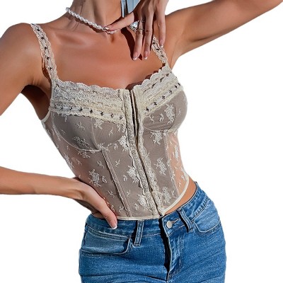 Women's See Through Corset Crop Top Lace Sheer Cami Bustier Spaghetti Strap Sexy Tops