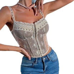 Women's See Through Corset Crop Top Lace Sheer Cami Bustier Spaghetti Strap Sexy Tops - 1 of 4