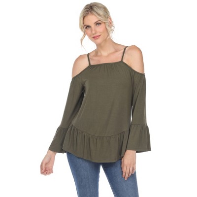 Women's Cold Shoulder Ruffle Sleeve Top Olive Medium - White Mark : Target