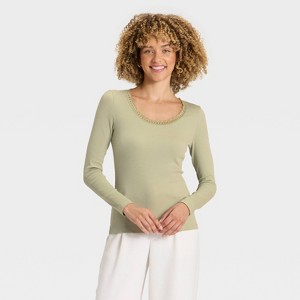 Women's Long Sleeve Lace Trim Scoop Neck Top - A New Day™ - 1 of 4