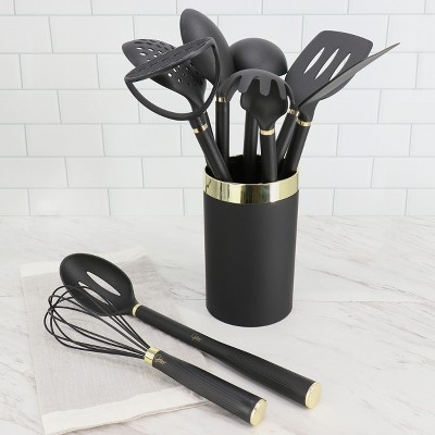 Black and Gold 10-Piece Nylon Kitchen Utensil Set with Crock