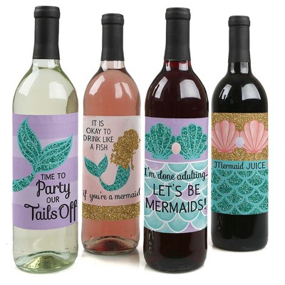 Big Dot of Happiness Let's Be Mermaids - Baby Shower or Birthday Party Decorations for Women and Men - Wine Bottle Label Stickers - Set of 4