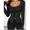 Womens Tops Long Sleeve Tie Front Lace Up Fitted Square Neck Casual T Shirt - 3 of 4