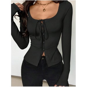 Womens Long Sleeve Tops Tie Front Top Square Neck Casual Shirt - 1 of 4