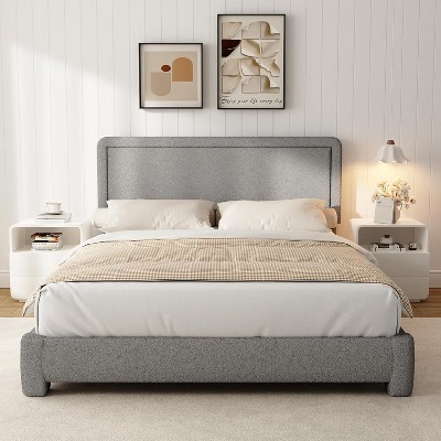 Dyonery Boucle Bed Frame,Upholstered Bed Frame with Headboard,Modern Cream Bed Frame,Soft Rounded Corners,No Box Spring Required,Adjustable Headboard