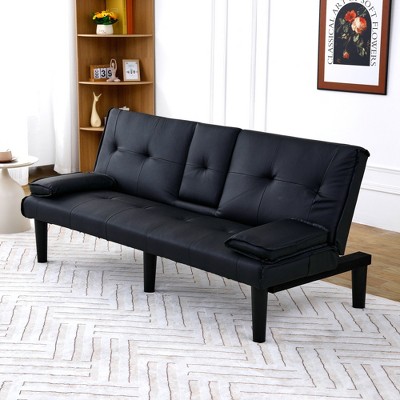 Runesay 67" PVC Convertible Sofa Bed with Fold-Down Backrest and Built-in Cup Holders
