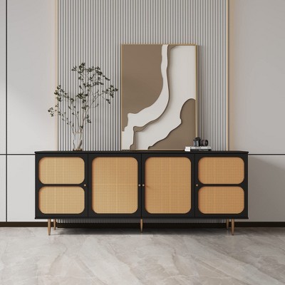 Sideboard with Rattan Doors Buffet Cabinet Console Table Storage for Kitchen Dining Room Living Room Hallway Black