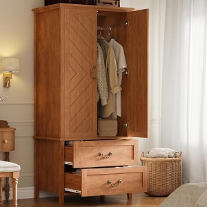 Wood Armoire Wardrobe Closet with 2 Drawers, 71''H Clothing Storage Cabinet with Metal Handing Rod, Armoire Clothes Organizer for Bedroom, Cloak Room - 1 of 4