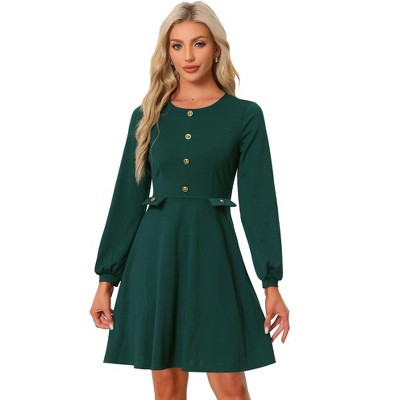 Allegra K Women's Round Neck Work Office Button Decor Long Sleeve A Line Dress