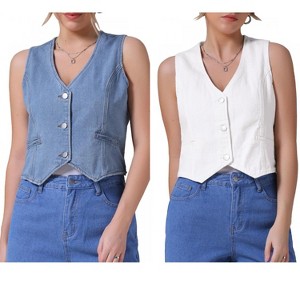 INSPIRE CHIC Women's Sleeveless V Neck Button Down Jean Crop Denim Tank Tops 2 Packs - 1 of 4