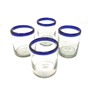 Dos Sueños Mexican Hand Blown Tumblers - Blue Rim - 10oz - Set of 4 - 1 of 4