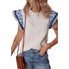 Amaryllis Women’s Ruffle Sleeve Contrast Trim Floral Embroidered Top Soft Knit Bodice T-Shirt- Small ,White Blue - 2 of 4