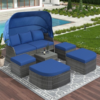 VisioGear Patio Daybed with Retractable Canopy, Patio Conversation Set for Lawn Garden Pool Porch, Blue, 74.8"*57.5"*61.4"