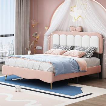 Twin/Full Size Velvet Princess Bed With Bow-Knot Headboard, White+Pink 4A - ModernLuxe