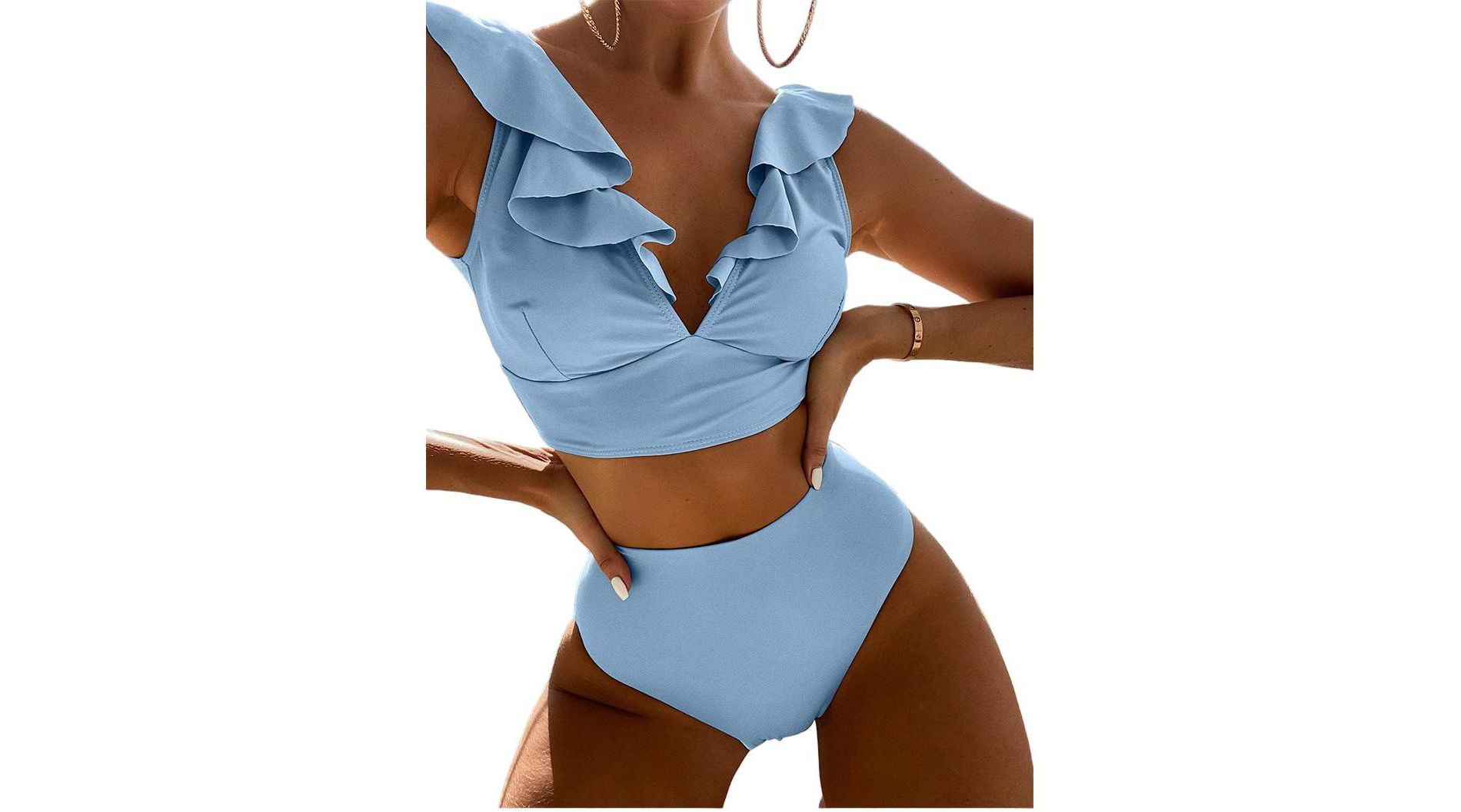 2Pcs Women High Waisted Bikini Sets Tummy Control Swimsuit Back Straps Ruffle Push Up Bathing Suit