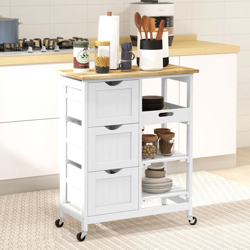 HOMCOM Rolling Kitchen Island Cart, Bar Serving Cart, Compact Trolley on Wheels with Wood Top, Shelves & Drawers for Home Dining Area, 2 of 7