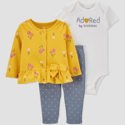 Image of Baby Girls' 3pc Striped Top and Bottom Set with Cardigan - Just One You® made by carter's White/Gray/Gold 3M