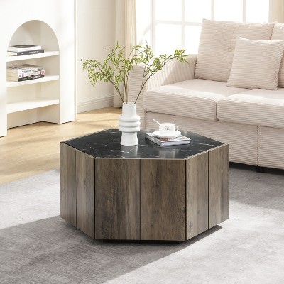 Vynxaria Rustic Retro Hexagonal Coffee Table 2 Hidden Drawers, Textured Black Marble Tops, Light Brown Oak Finish, Flexible Configuration