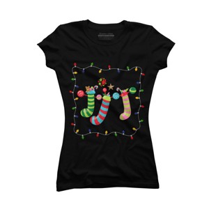 Junior's Design By Humans Christmas Stocking with Christmas Lights By realdealclipart T-Shirt - 1 of 3