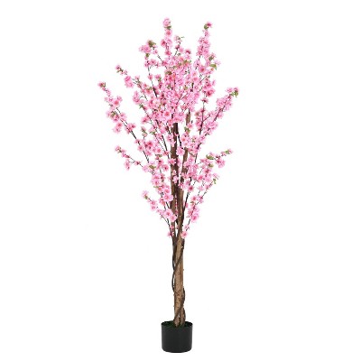 Okak 6FT Artificial Peach Blossom Tree with Real-Life Look without Upkeep, Faux Trees with Flowers, Plants Decor for Home, Office, Pink