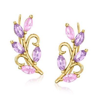 Ross-Simons 1.10 ct. t.w. Amethyst and .80 ct. t.w. Pink Sapphire Vine Ear Climbers in 14kt Yellow Gold