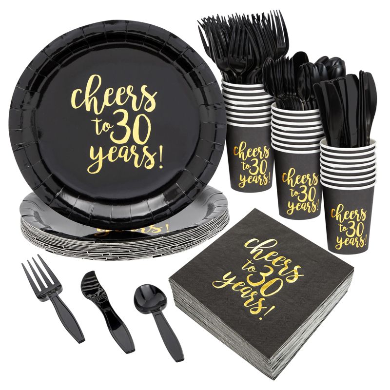 Blue Panda 144-Piece Cheers to 30 Years Plates, Napkins, Cutlery, Cups for Black and Gold 30th Birthday Party Supplies, Anniversary, Serves 24, 1 of 10