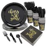 Blue Panda 144-Piece Cheers to 30 Years Plates, Napkins, Cutlery, Cups for Black and Gold 30th Birthday Party Supplies, Anniversary, Serves 24