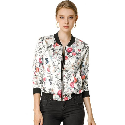 Allegra K Ponte H Line Floral Round Neck Bomber Jacket, Dark Green / M