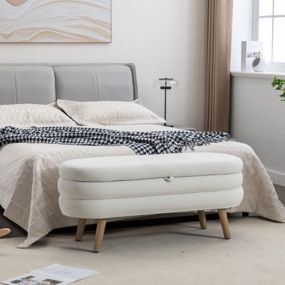 Velvet Cushioned Bench With Storage Upholstered Bench Oval Bed Bench With Storage Bedside Bench With Wood Legs-Cuddlewood