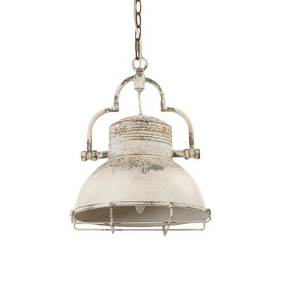 Industrial-Chic Pendant Light with Weathered White Finish, Vintage Dome Shade, Rustic Metal Frame, Perfect for Kitchens, Dining Areas, Or Hallways