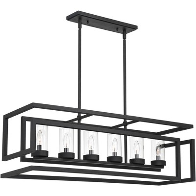 Franklin Iron Works Sand Black Large Linear Island Pendant Chandelier 39.5" Wide Industrial Geometric Clear Glass 6-Light Kitchen