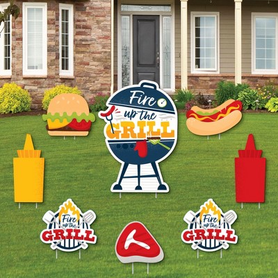 Big Dot of Happiness Fire Up the Grill - Yard Sign and Outdoor Lawn Decorations - Summer BBQ Picnic Party Yard Signs - Set of 8