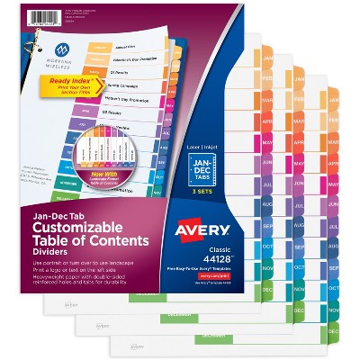 Avery Jan-Dec Dividers for 3 Ring Binders, 12 Tabs per Set, Customizable Table of Contents, Multicolor Tabs (3 Sets of 44128)