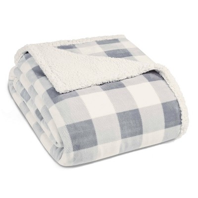 Full Reversible Sherpa Fleece Blanket in Gray Plaid