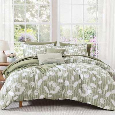 BAGOKIE Queen Bedding Set - Sage Green Floral Botanical Comforter Collection,  Sheets, Pillowcases & Shams 7-Piece